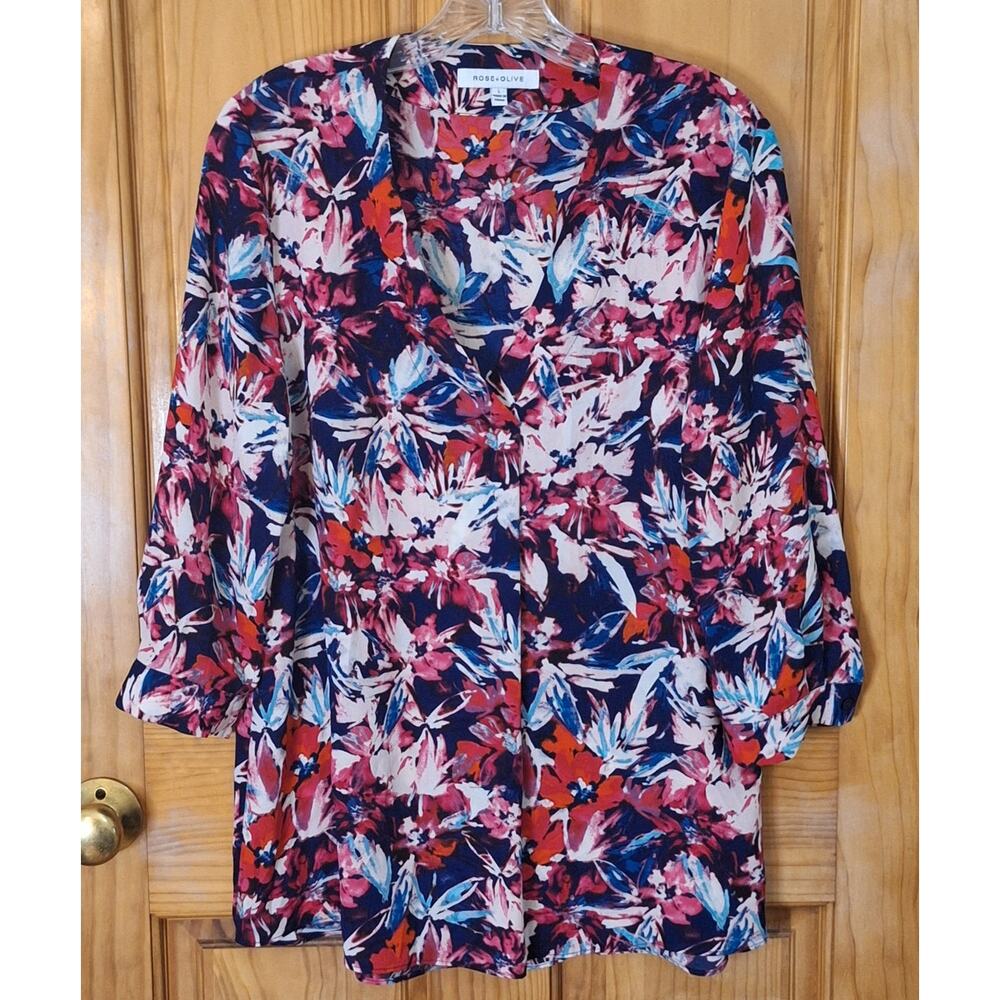 Rose + Olive Shirt Womens Large Bohemian Floral Abstract Summer Colorful Office